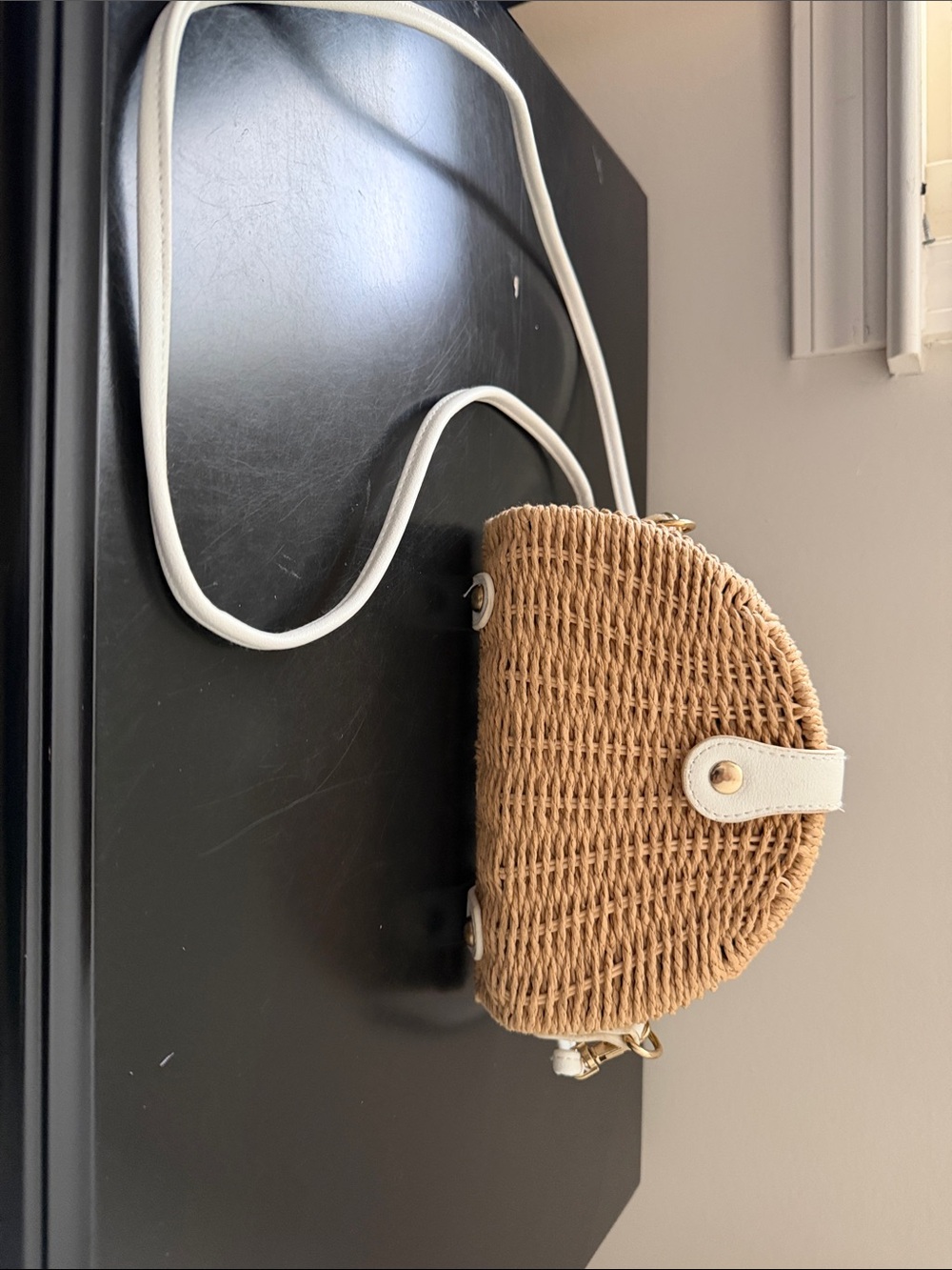Woven Half-Moon Crossbody Bag with White Trim